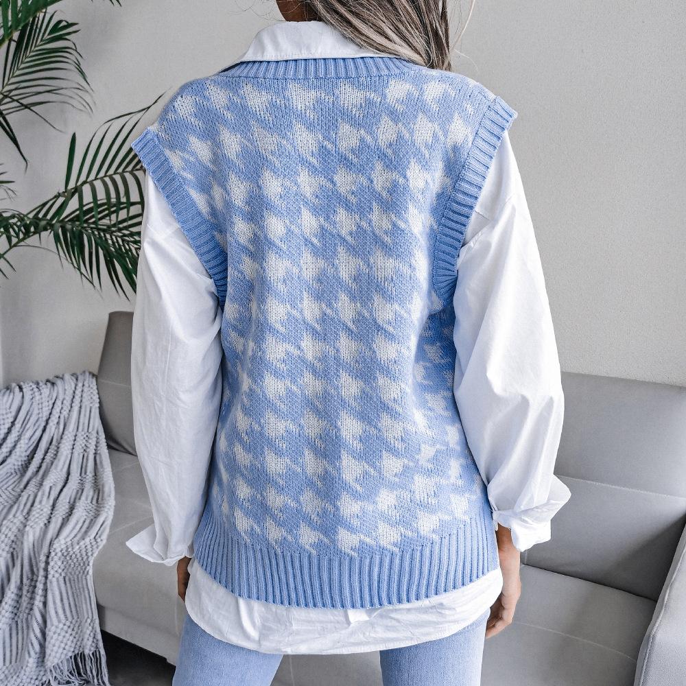 Women's Autumn and Winter V-neck Chibi Check Casual Loose Knitted Sweater Vest