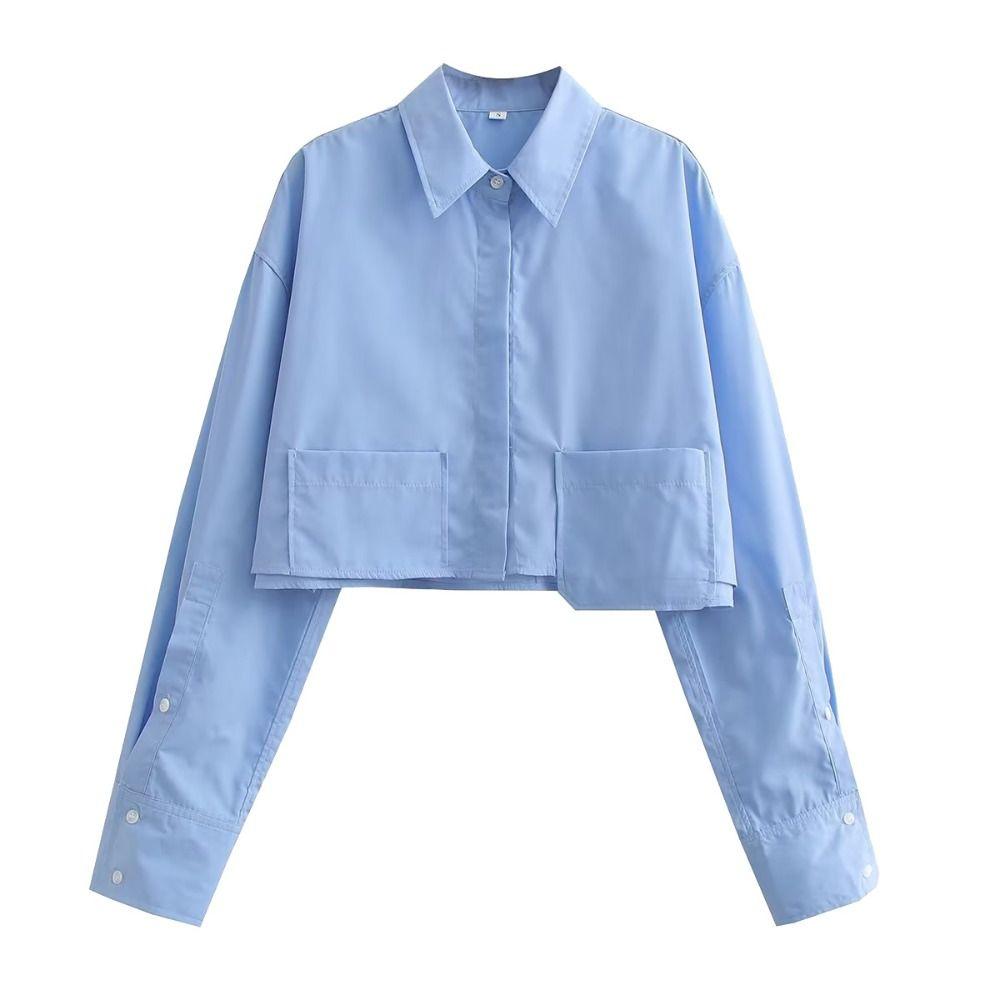 Striped Women's Cropped Shirt Long sleeve Vintage Button-up Blouses Leisure Travel