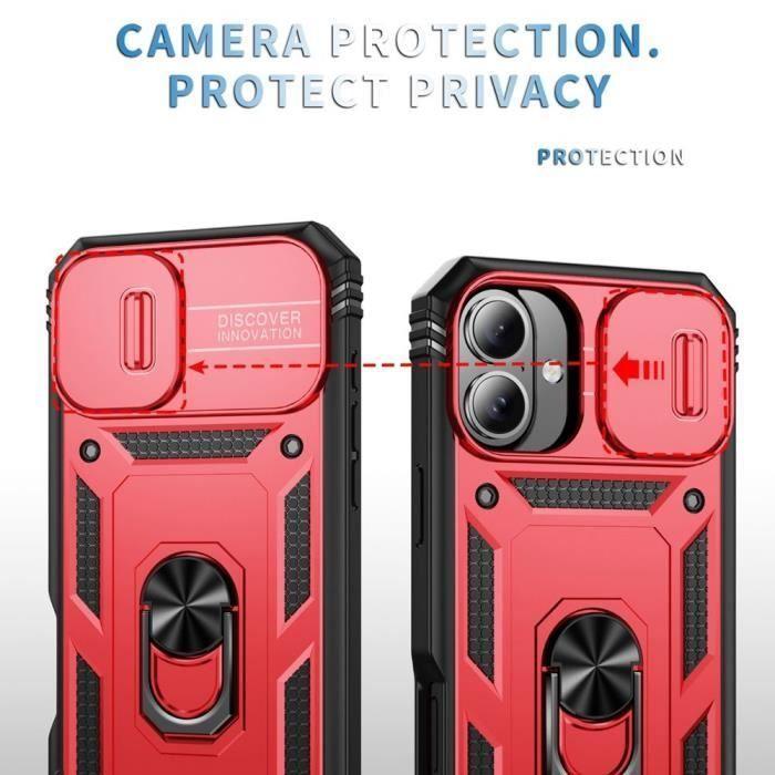 Coque de protection - BOOLING - pour iPhone 16 Plus - Antichoc - Support anneau rotatif - Rouge