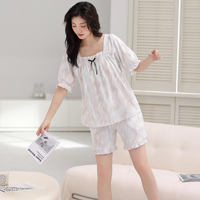 Пижама женская из чистого хлопка с короткими рукавами, студенческий пуловер с рисунком из хлопка, корейская версия, женская домашняя одежда