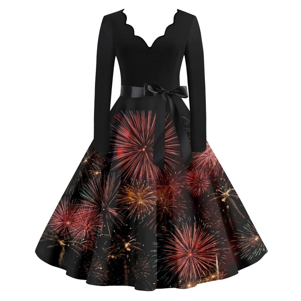 Женское повседневное модное платье винтажного стиля с V-образным вырезом и новогодним принтом