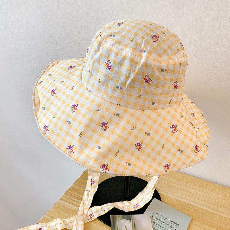 Sweet Korean Plaid Bucket Hat for Women Summer Wide Brim Sunscreen Floral Lace-Up Fisherman Cap Girls Travel Outdoor Hat