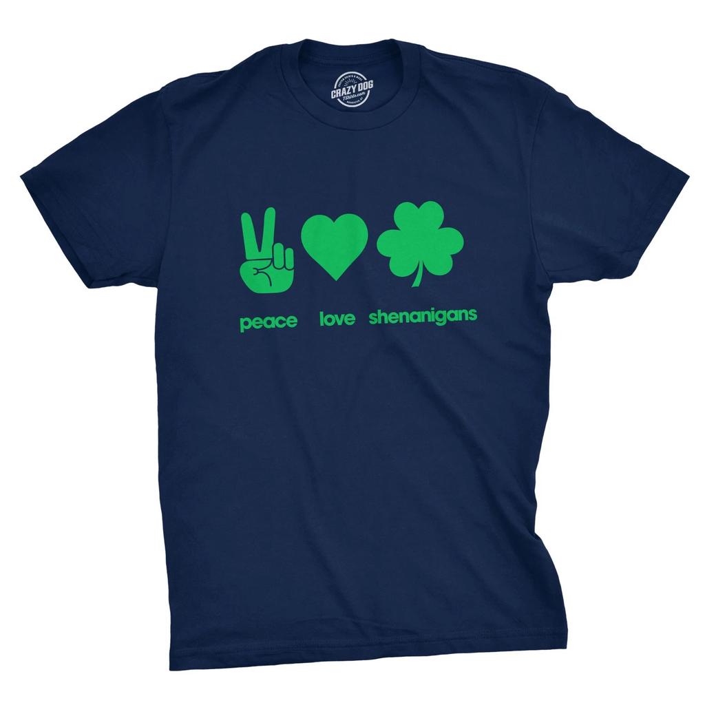 Mens Peace Love Shenanigans T Shirt Funny Novelty Saint Patricks Day Tee