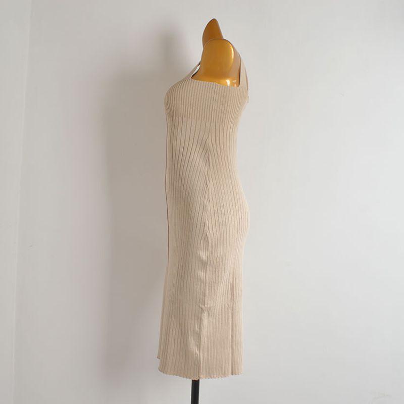 French Style New Arrival Pure Color Knitting Dress Women's Clothing Silm Slimming Slit Mid Length Long Length Sleeveless Vest Suspender Dress