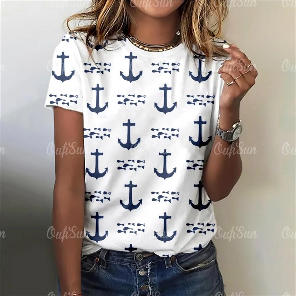 Новый стиль, футболка для женщин, топ с 3D принтом «Якорь», летние футболки большого размера для женской одежды, женская мода с круглым вырезом, большие размеры