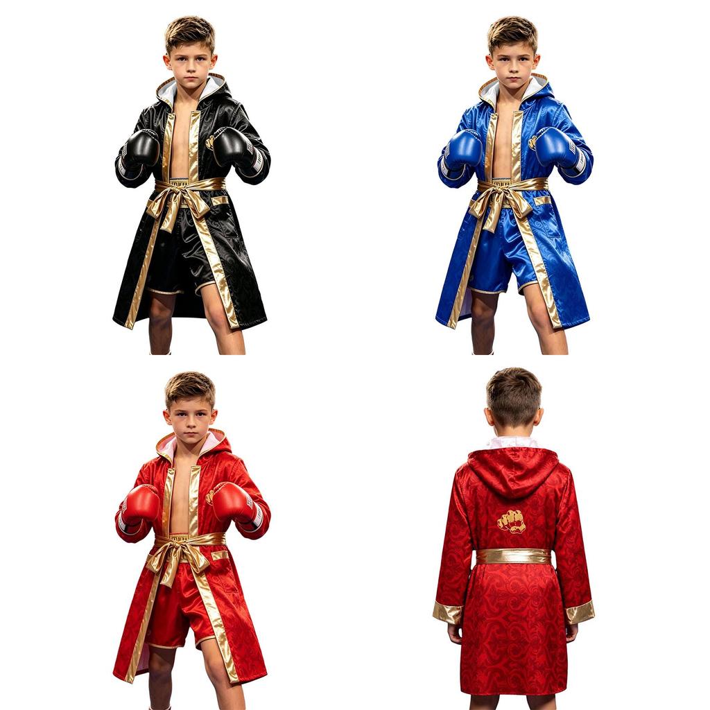 Boys Boxer Cosplay Costume Floral Print Hooded Boxing Robe Long Sleeve Open Front Pockets Metallic Belt for Halloween Party