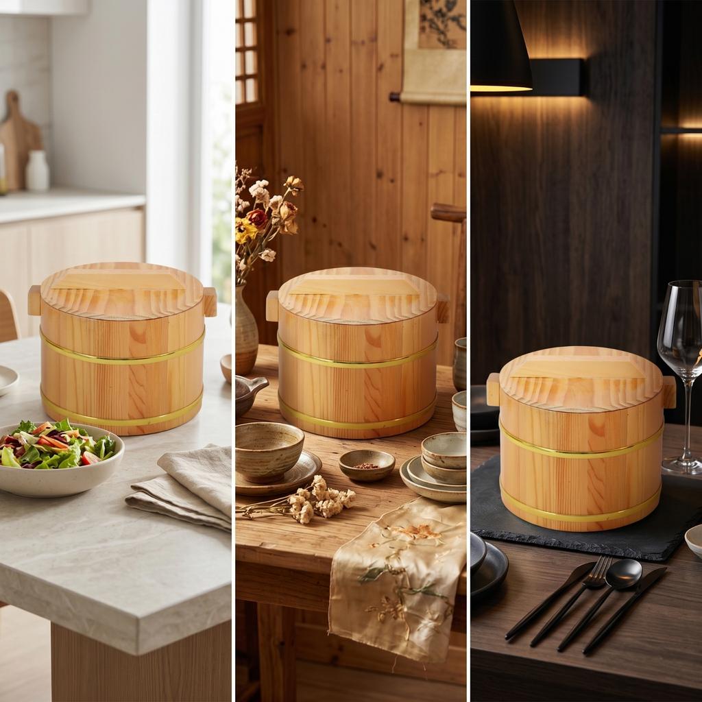 Wooden Rice Container with Lid Barrel-Style Rice Container with Lid Traditional Easy to Clean for Restaurants, Buffet, Kitchen