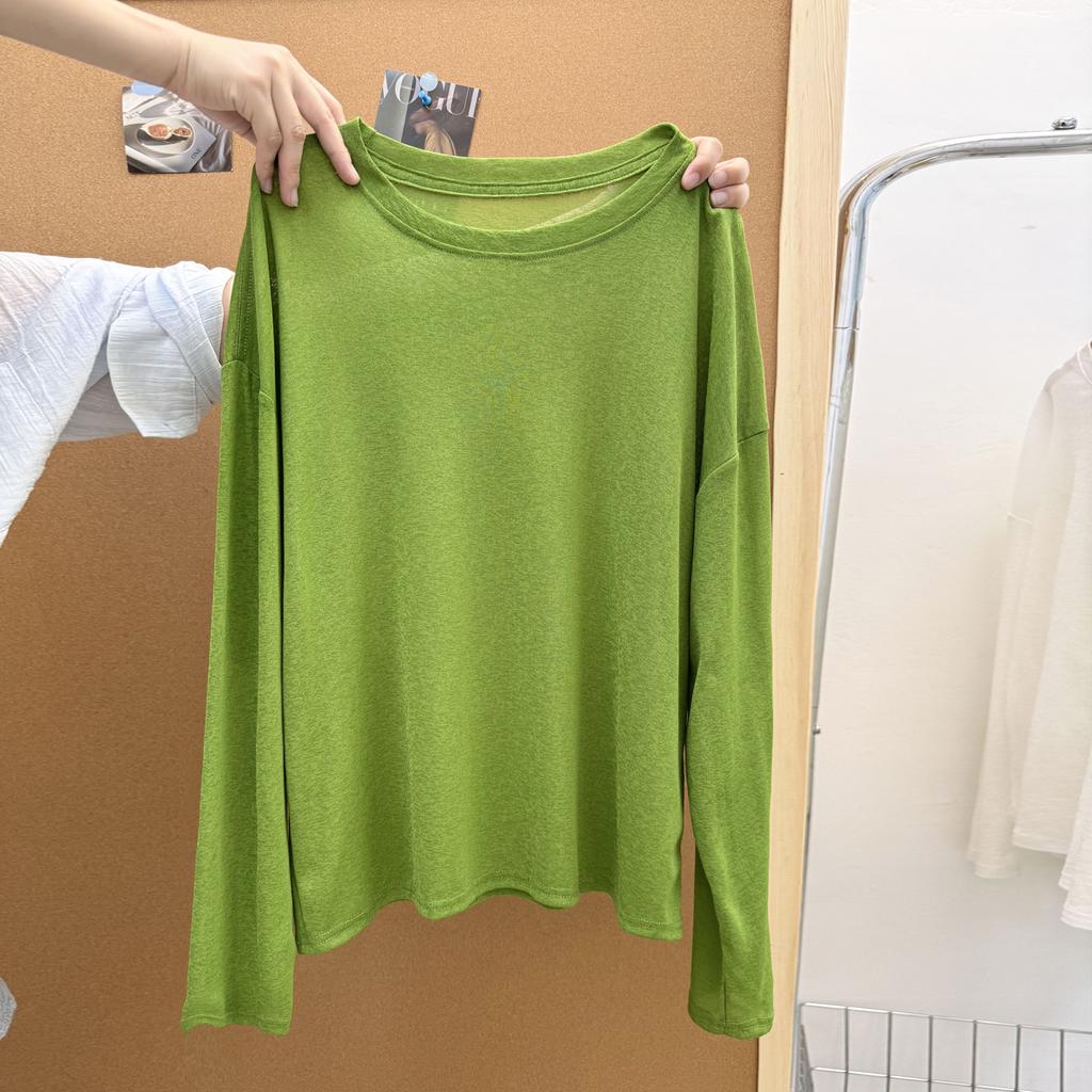 Summer Thin Long Sleeve Pure Color Loose T-Shirt Women's Korean Style Air Conditioner Covering Shirt Micro Translucent Top