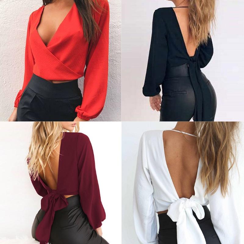 Color Women Solid Long Sleeves Backless Bandage Blouse Cross Loose Tops Bow