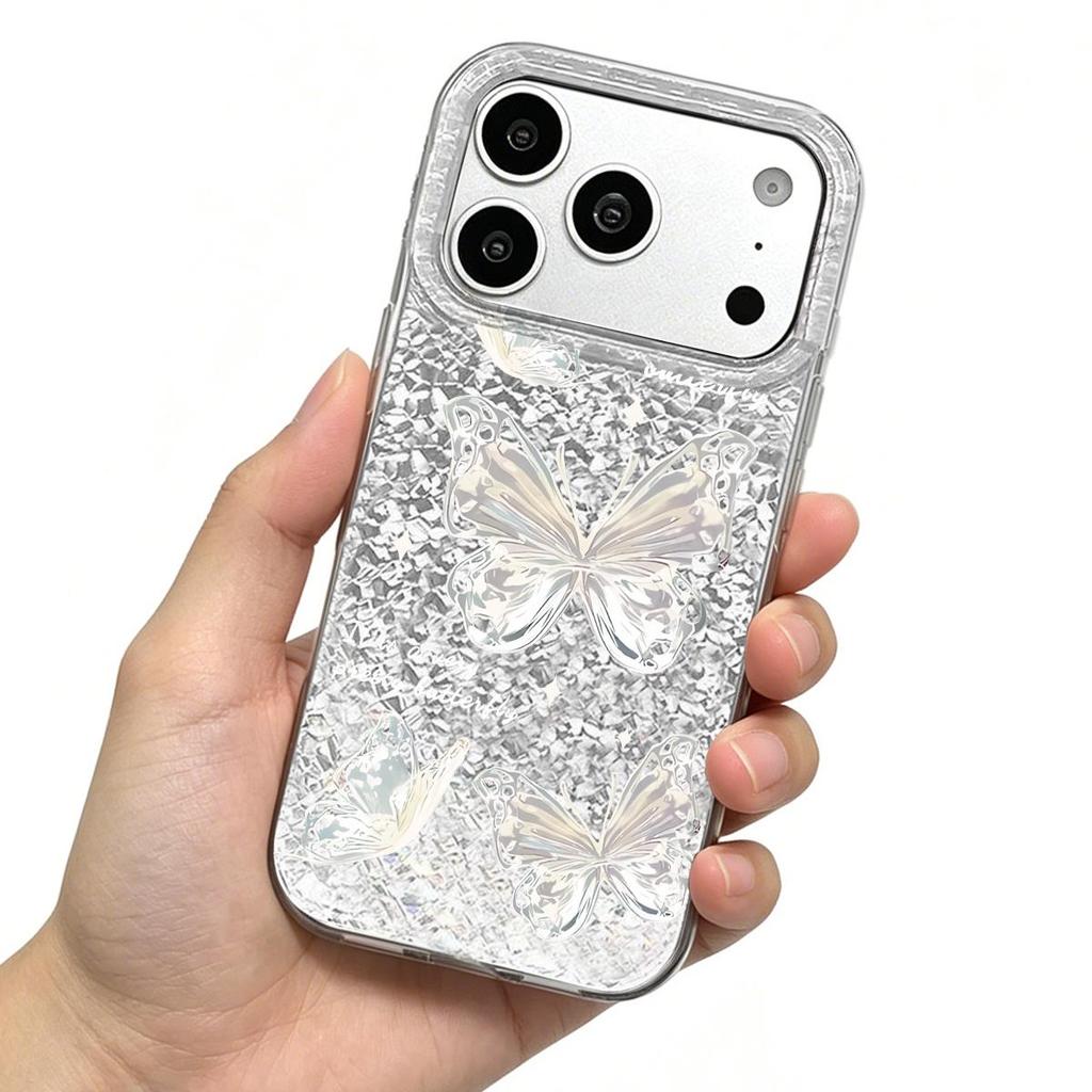 Чехол для iphone 14 XR 12 13 15 18 Pro Max 16 Plus XS Max 11 17 Pro Air Серебристый Блеск Трескающийся Фон Прозрачный Декор с Бабочками