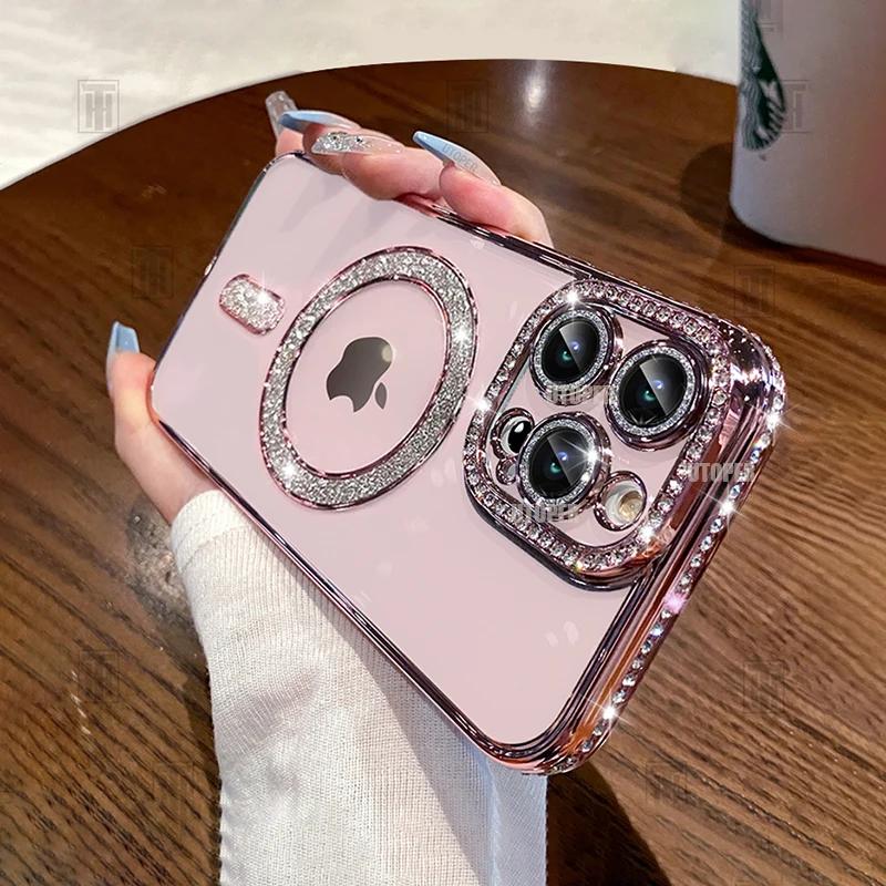 High-grade Glitter Rhinestones Phone Case For iPhone 16 15 11 12 13 14 Pro Max 16 Plus Magsafe Magnetic Clear Lens Protect Cover