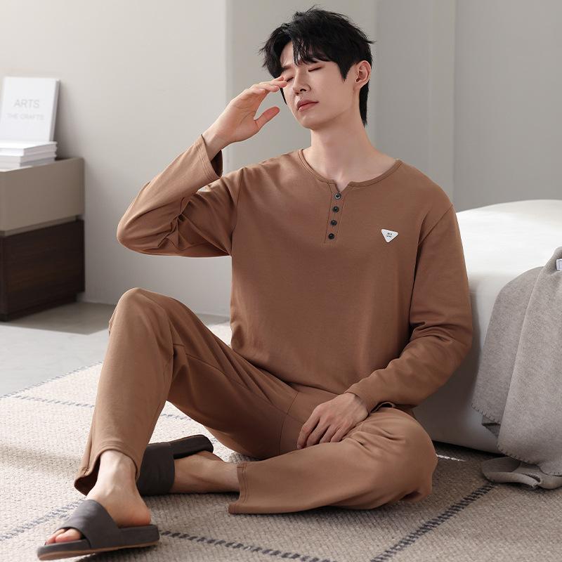 Pajamas Men'S Pure Cotton Long-Sleeved Spring And Autumn Casual Pullover High-End Simple Loungewear Large-Size Set