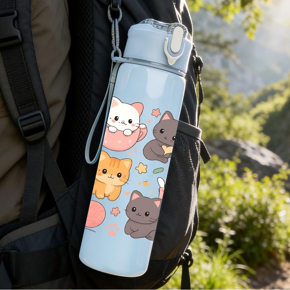 1PC Multi Cat Cute Repeat Pattern 750ml Color Plastic Sports Water Bottle Leakproof Flip Straw Lid Suitable for Sports Office Home Use
