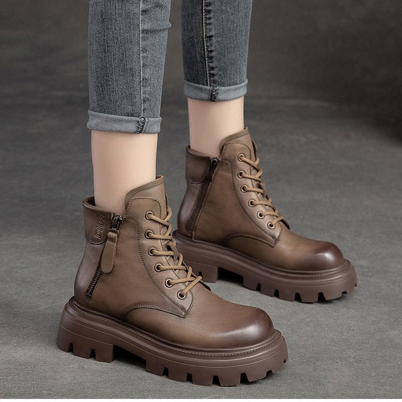 Johnature Women Boots Genuine Leather Winter Ziper Round Toe Women Shoes Sewing Handmade Retro Ankle Platform Boots