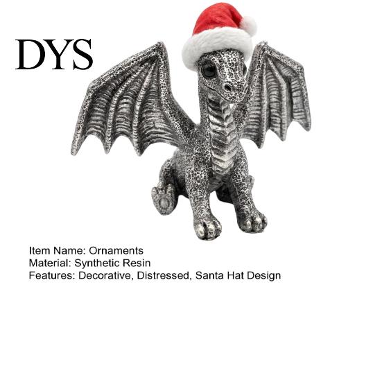 Detailed Dragon Ornament Santa Hat Figurine Ornament, Retro Resin Christmas Ornaments Decoration, Distressed Statue for Desktop Tree Decor Fantasy