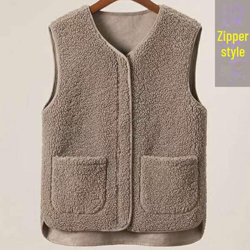 Женский жилет из овечьей шерсти на молнии, осенне-зимний - утолщенный меховой жилет