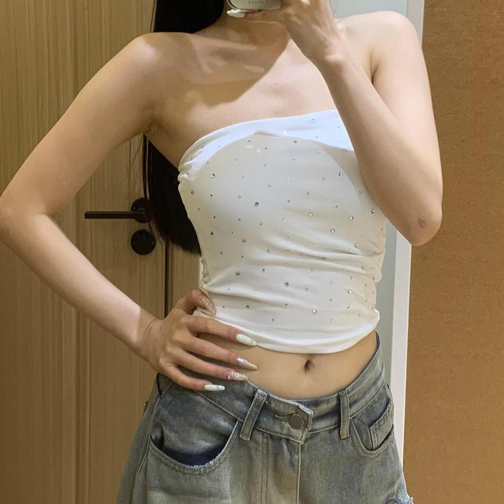 Горячий стразовый облегающий бандажный топ-майка - Женская летняя одежда для дома и улицы