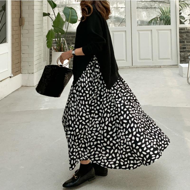 Весна и осень плюс размер футболка с длинным рукавом с принтом большое свободное платье с круглым вырезом длинное платье