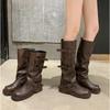 Fashion Women Knight Boots 2025 Autumn Winter New Fashion Belt Buckle Mid Calf Boots Vintage Comfortable Non Slip Height Increase Shoes