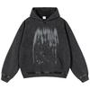 2024 Streetwear Crowd Shadow Graphic Unisex Washed Black Oversized Unisex Long Sleeve Hoodie