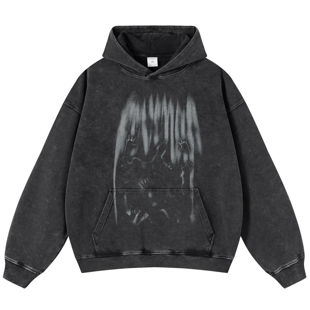 2024 Streetwear Crowd Shadow Graphic Unisex Washed Black Oversized Unisex Long Sleeve Hoodie