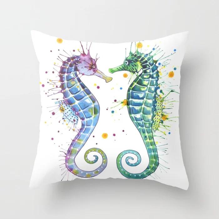Watercolor ocean theme pillowcase starfish octopus mermaid crab cushion cover home sofa bedroom decoration  ornament
