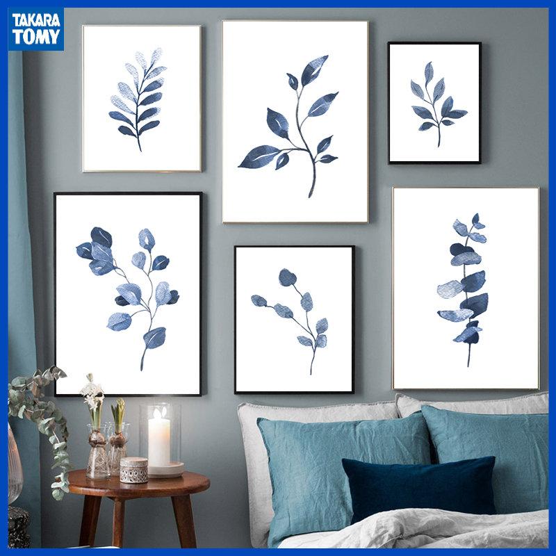Branches and Leaves Canvas Painting Indigo Blue Botanical Posters and Prints Navy Blue Wall Picturefor Living Room Home Decor