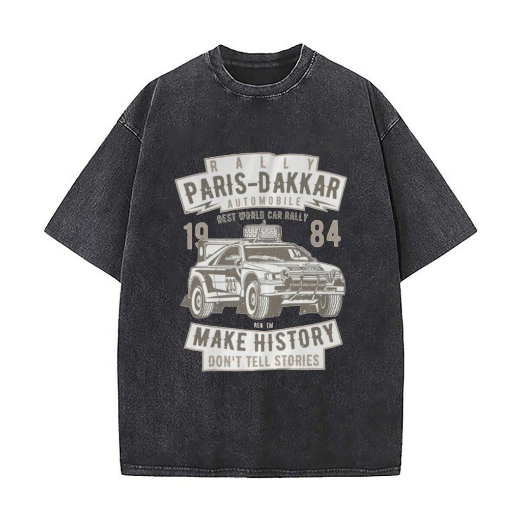 ParisDakar Rally Art Design Washed Distressed Loose Streetwear Tops for City Walks