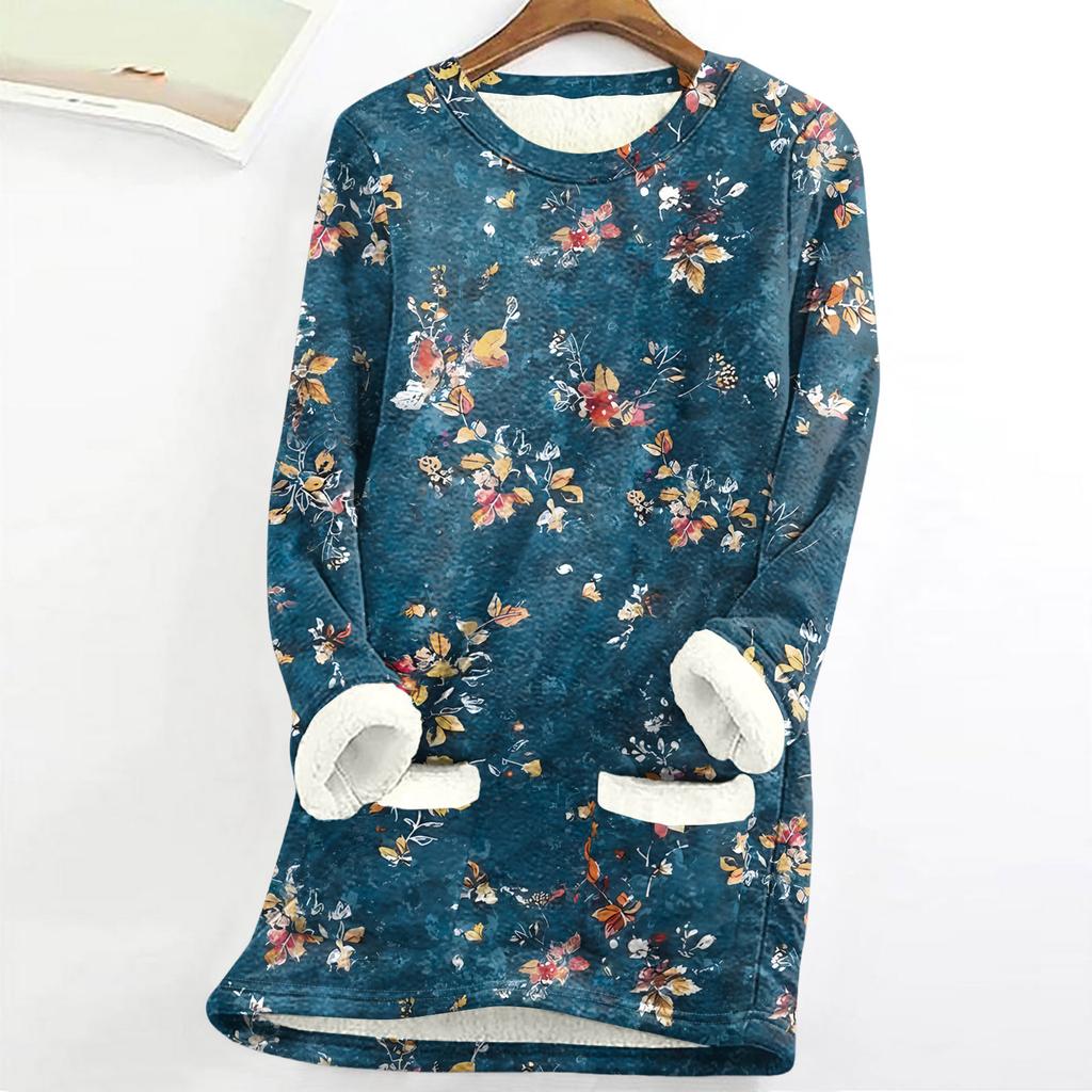 Women's Round Neck Top Printing Thickened Plush Cashmere Warm Long Top