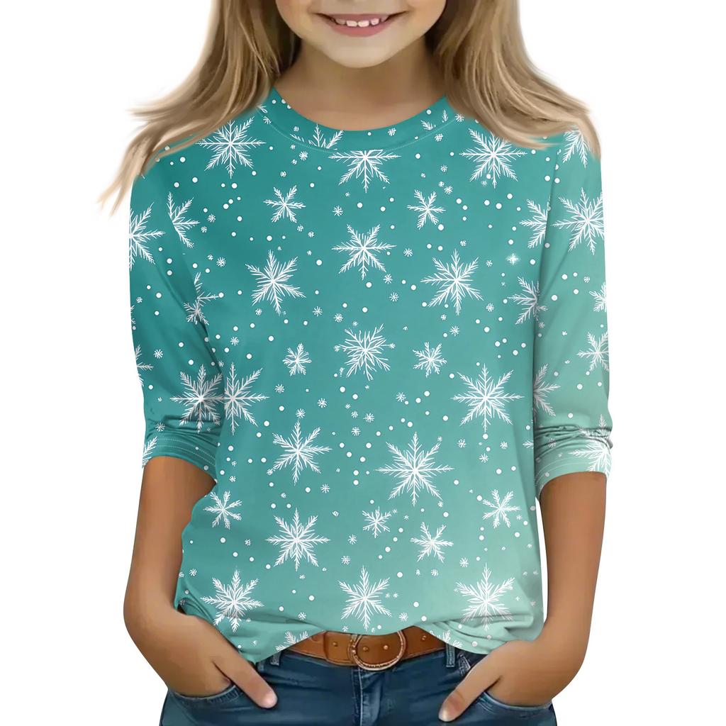 Children's 3/4 Sleeve Tops Casual Christmas Print T Shirt Round Neck Pullover Blouse