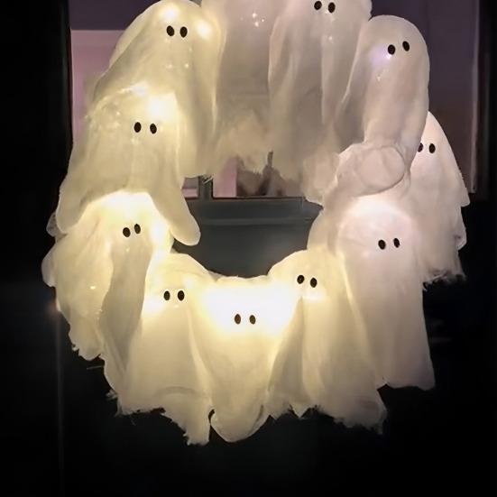 Хэллоуинский венок с призраком и 12 светодиодными лампочками, маленький светящийся белый призрак, подвесной венок для входного крыльца, двери, стены, для внутреннего и наружного украшения