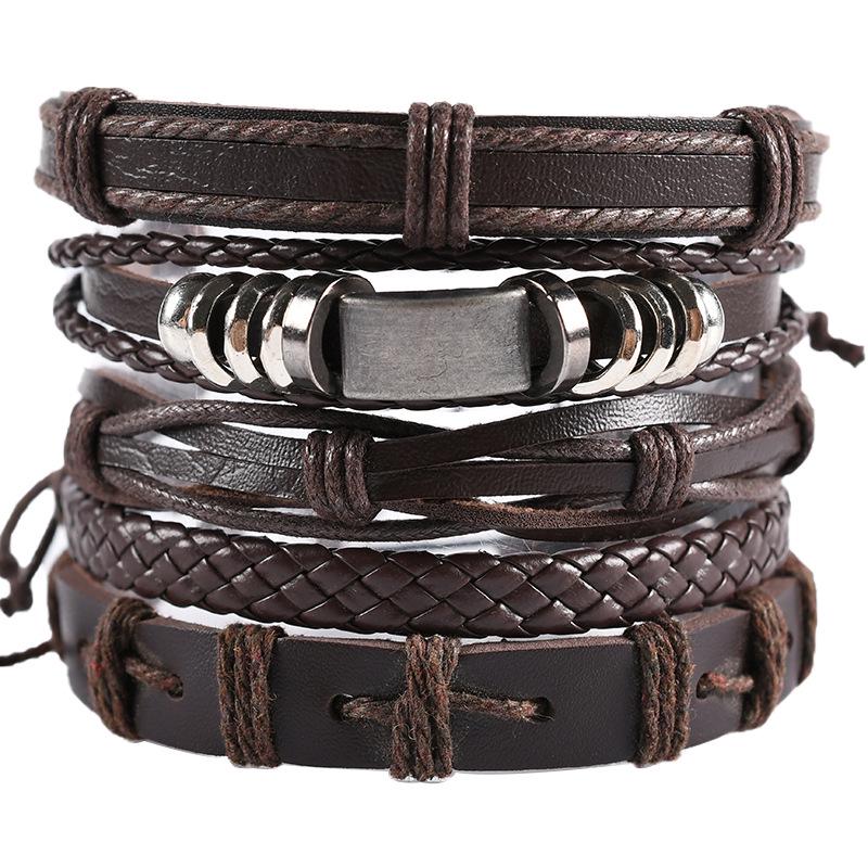 Retro Men's 5-Piece Adjustable Cross-Woven Leather Bracelet Set - National Style