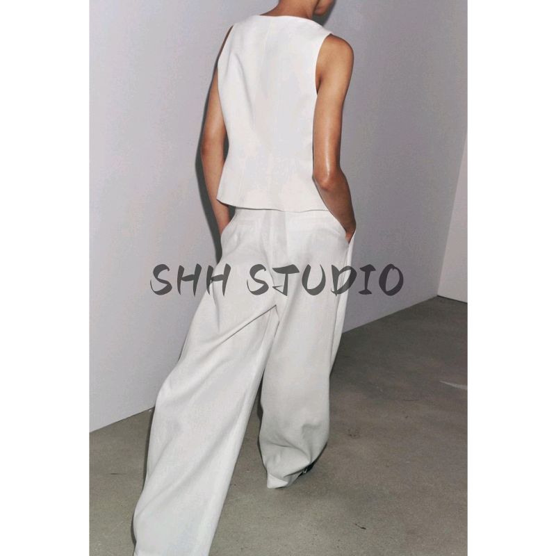 Linen Blended Cropped Short Skirt Hem Vest 3748330 Pleated Mid-Waist Wide Faded Pants 3218330