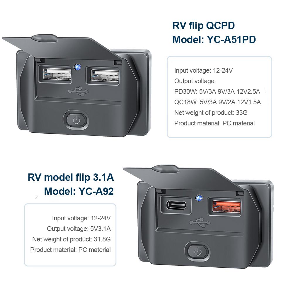 Быстрая зарядка QC3.0 PD, два порта USB, автомобильное зарядное устройство, водонепроницаемый адаптер с пылезащитным чехлом, переключатель для морского мотоцикла 12 В/24 В
