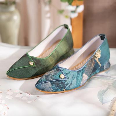 2024 Весна Ретро Остроносые Туфли на Низком Каблуке Ткани Этнический Стиль Вышитые Туфли Неглубокий Нос Комфорт Универсальные Женские Туфли