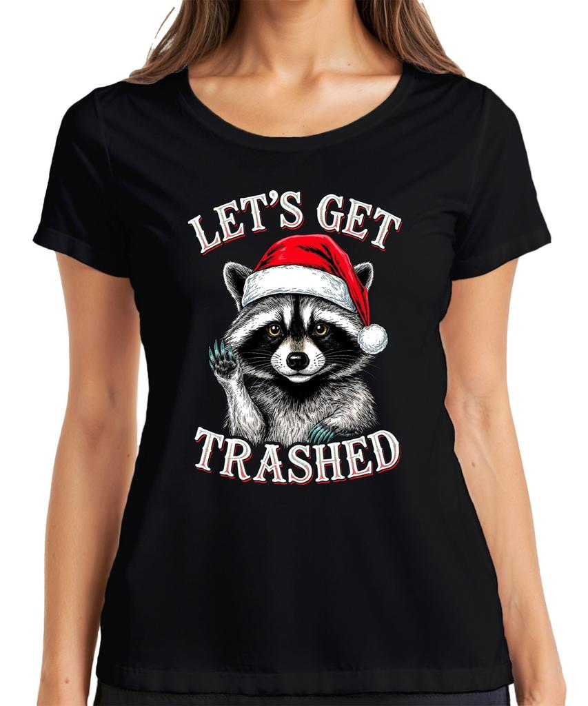 Lets Get Trashed Christmas Raccoon Santa Hat Party Funny Ladies Tshirt