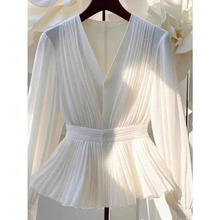 Молодежная элегантная плиссированная белая рубашка с длинным рукавом на пуговицах для женщин с V-образным вырезом и оборками, базовая блузка из шифона для офиса и повседневной носки