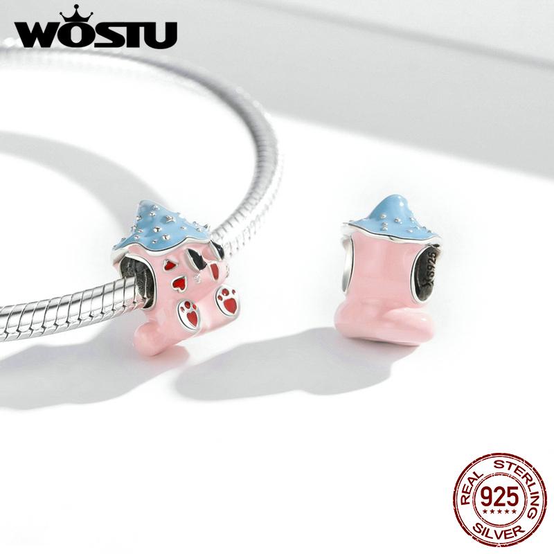 WOSTU Cute Textured Fairy Pink Cat Baby Blue Hat 925 Sterling Silver Beads Fit Bracelet Bangle Fine Jewelry