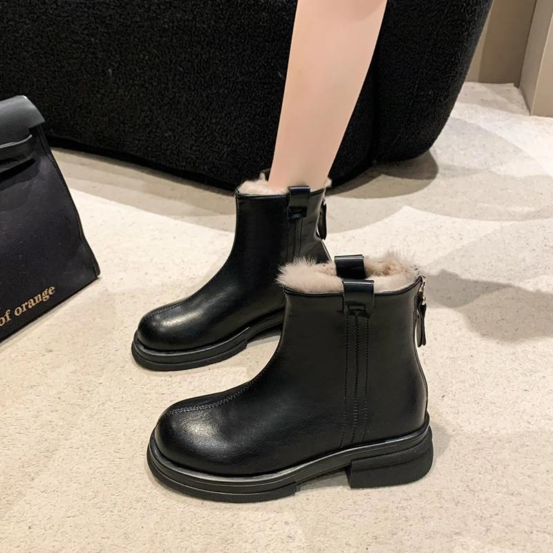 Распродажа женской обуви 2024 года, фирменные женские ботинки на молнии, зимние, с круглым носком, из цельного плюша, теплые, удобные, на толстом каблуке, ботильоны