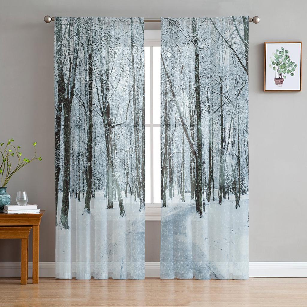 Белые осины в снегу, тюлевые оконные шторы для гостиной, пряжа из органзы, прозрачная вуаль, занавеска для спальни, кухни, домашний декор, драпировка