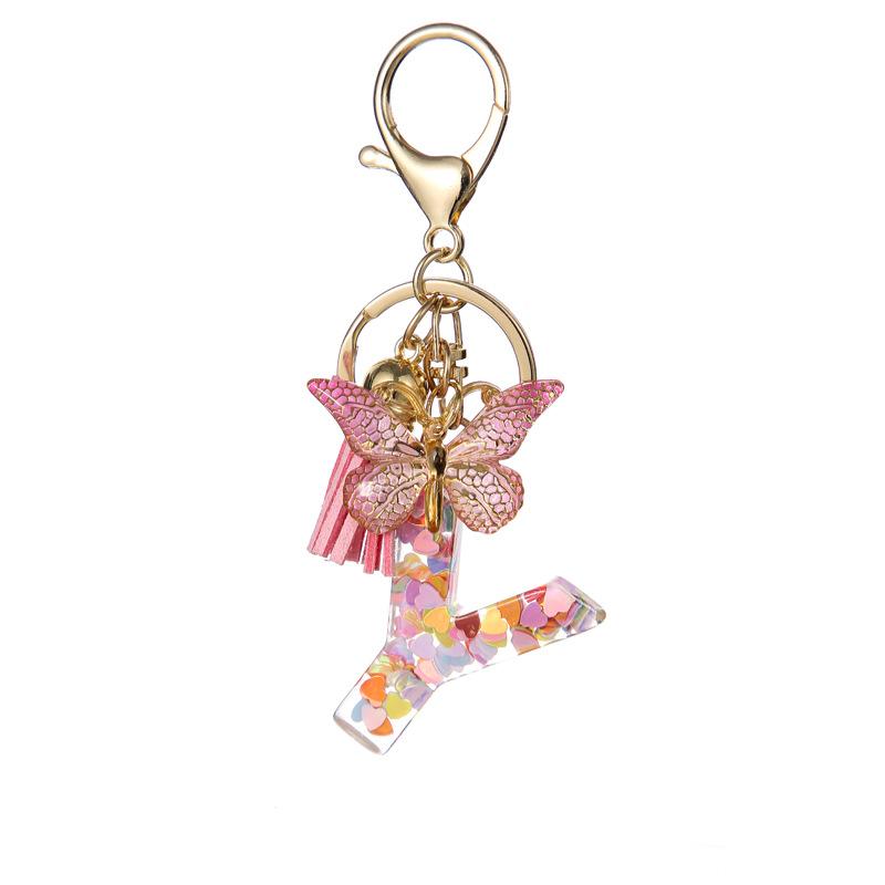 A-Z Dreamy Letters Keychain for Women Tassels Butterfly Pendant Initial Keyrings Purse Suspension Bags Car Key Chain Pink