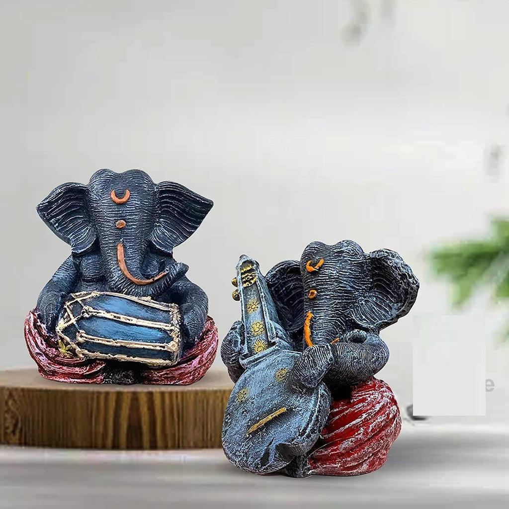 Resin Musical Ganesha Pair for Home Decor | Brings Prosperity - (Grey & Red, Pack of 2)
