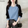 Women Casual Round Neck Patchwork Long Sleeve Pullover Tops