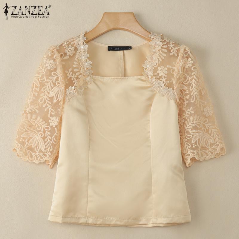 ZANZEA Женская повседневная атласная блузка с квадратным вырезом, кружевной вставкой и рукавами до локтя