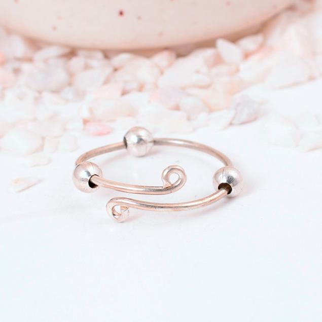 Adjustable Silver Fidget Ring: Anxiety Relief Spinner Jewelry with Three Small, Movable Beads and an Open Wire Wrap Design.
