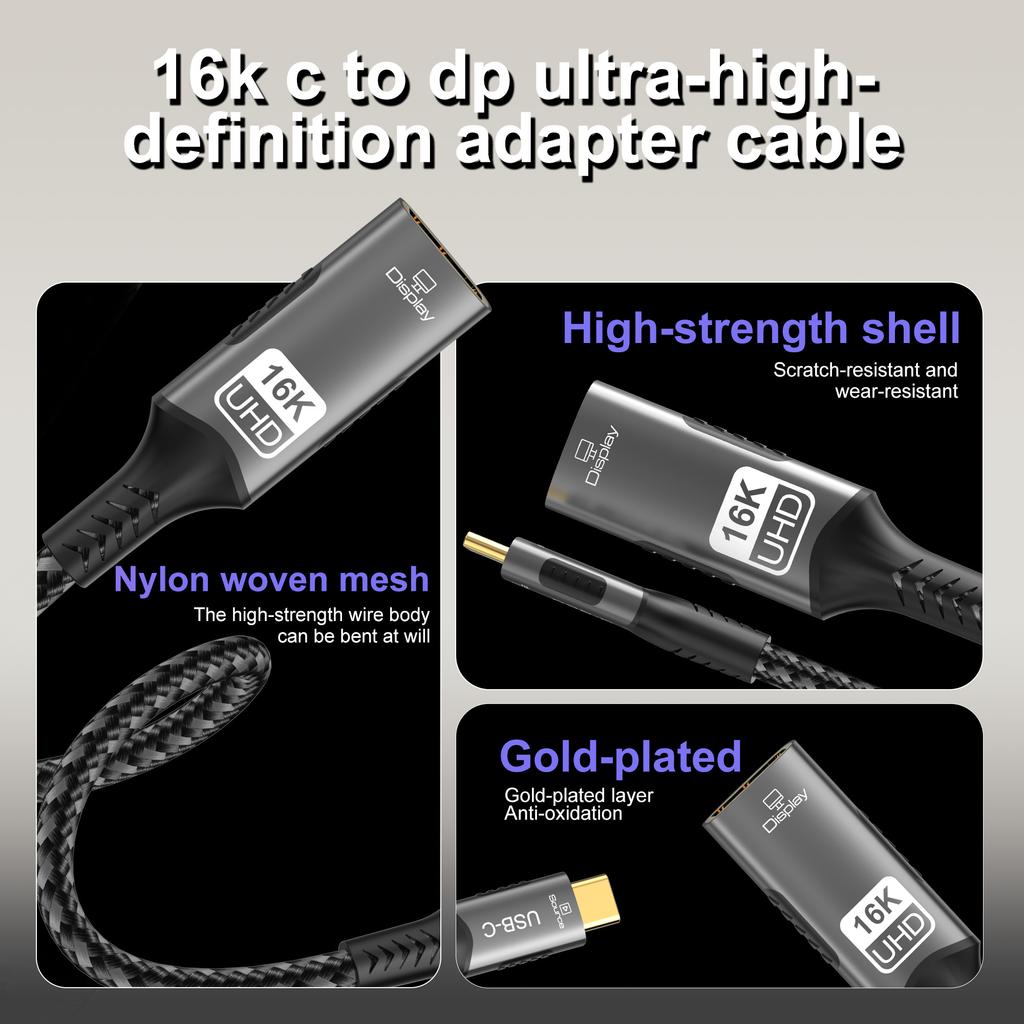 Type C To DP Extension Cable USB C To DisplayPort Adapter 16K DP 2.1 Converter For Thunderbolt 4 MacBook Huawei Air Projector