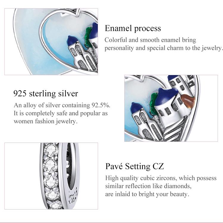 WOSTU 925 Sterling Silver Love Heart-shape Charm Pendant Santorini Castle Charming Scenery Beads for Original 3mm Bracelets & Necklaces DIY Jewelry