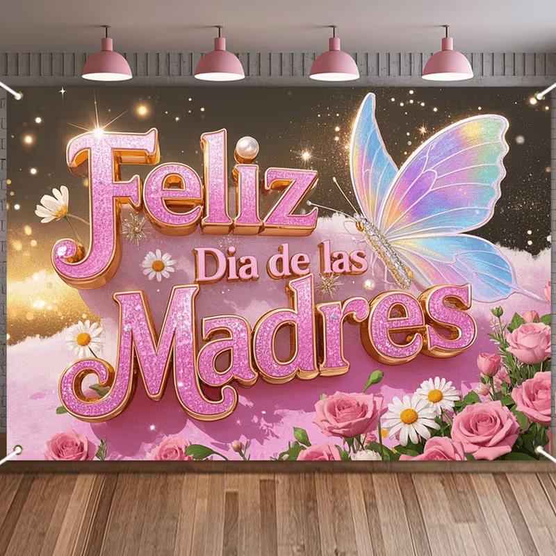 2D Glitter Pink Mother's Day Banner, "Feliz Dia de las Madres" with Flowers