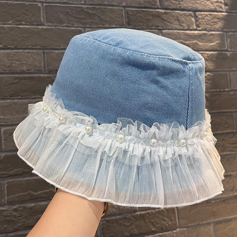 Summer ins pearl mesh stitching satin eaves double bucket hat travel sunscreen breathable sunshade basin hat