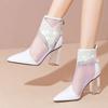 2024 Plus Size Shoes Female Mesh Women's Boots Retro Ankle Boots Women Crystal Fringe Pointed Toe Back Zip Chunky Heels Sandals